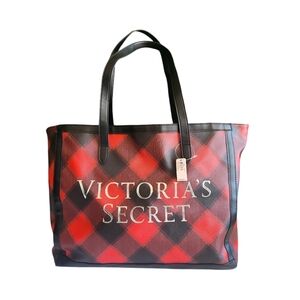 NWT Victoria’s Secret Red Black Buffalo Plaid Weekender Tote Bag